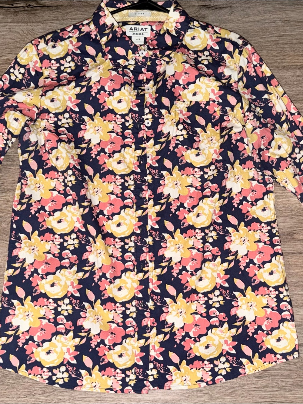 Ariat Navy Floral Button-Up Girls' western top with Yellow Blooms